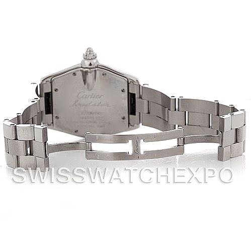This image shows the rear view of the bracelet and case back of a Cartier Roadster W62025V3 Men's Stainless Steel Silver Dial W62025V3 Men's Stainless Steel Silver Dial watch.