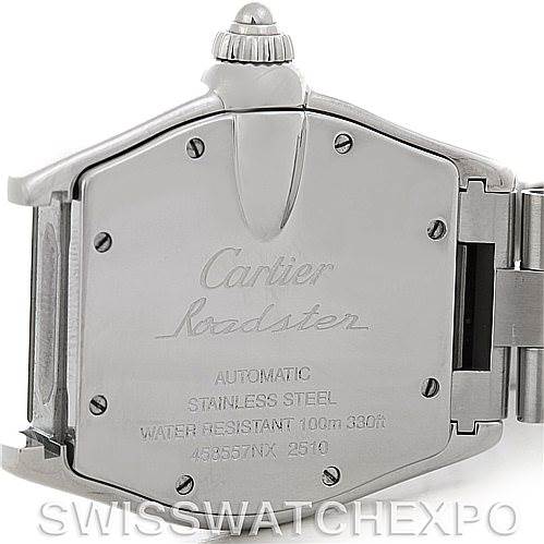 The image shows the back case and clasp of a Cartier Roadster W62025V3 Men's Stainless Steel Silver Dial W62025V3 Men's Stainless Steel Silver Dial watch engraved with technical specifications.