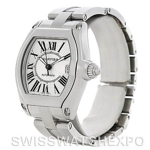 The image shows the Cartier Roadster W62025V3 Men's Stainless Steel Silver Dial W62025V3 Men's Stainless Steel Silver Dial watch from an angled side view, highlighting the case, dial, and part of the bracelet.