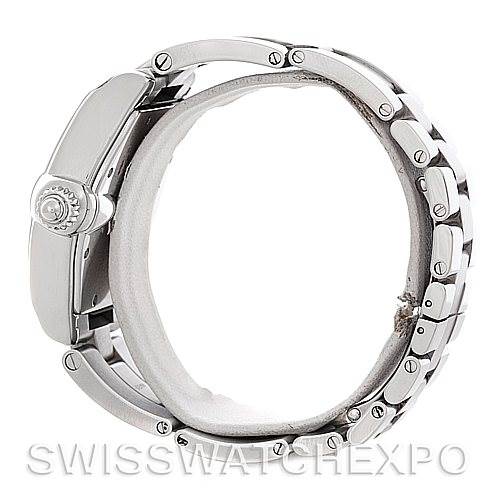 The image shows a Cartier Roadster W62025V3 Men's Stainless Steel Silver Dial W62025V3 Men's Stainless Steel Silver Dial model watch from a side angle, highlighting the crown and the stainless steel bracelet.