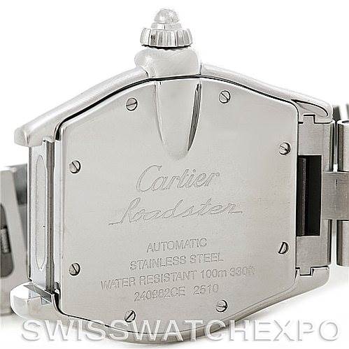 This image shows the back view of the Cartier Roadster W62041V3 Men's Stainless Steel Black Dial W62041V3 Men's Stainless Steel Black Dial watch, displaying the caseback details and part of the bracelet.