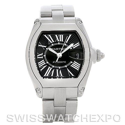 This image shows a Cartier Roadster W62041V3 Men's Stainless Steel Black Dial W62041V3 Men's Stainless Steel Black Dial watch from a front angle, highlighting its face, dial, and bracelet.