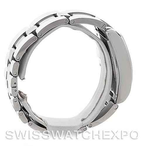 This image shows a side profile view of the Cartier Roadster W62041V3 Men's Stainless Steel Black Dial W62041V3 Men's Stainless Steel Black Dial watch highlighting its stainless steel bracelet and clasp.