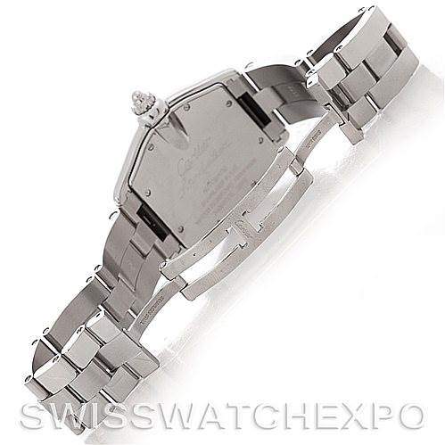 This is a rear angle view of the Cartier Roadster W62041V3 Men's Stainless Steel Black Dial W62041V3 Men's Stainless Steel Black Dial watch, displaying the back case and bracelet with its deployment clasp open.