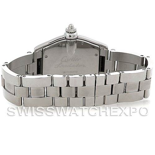 The image shows the back view of the Cartier Roadster W62041V3 Men's Stainless Steel Black Dial W62041V3 Men's Stainless Steel Black Dial watch, focusing on the stainless steel bracelet and case back.