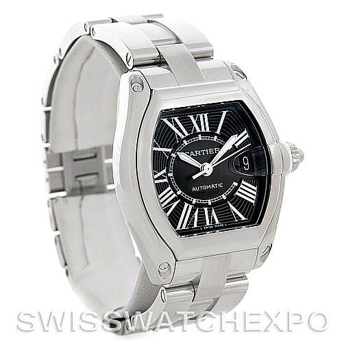 This image shows a Cartier Roadster W62041V3 Men's Stainless Steel Black Dial W62041V3 Men's Stainless Steel Black Dial watch angled to display the face, crown, and part of the bracelet.