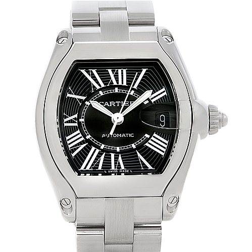 This image shows a frontal view of the Cartier Roadster W62041V3 Men's Stainless Steel Black Dial W62041V3 Men's Stainless Steel Black Dial watch, highlighting its dial, case, and bracelet.
