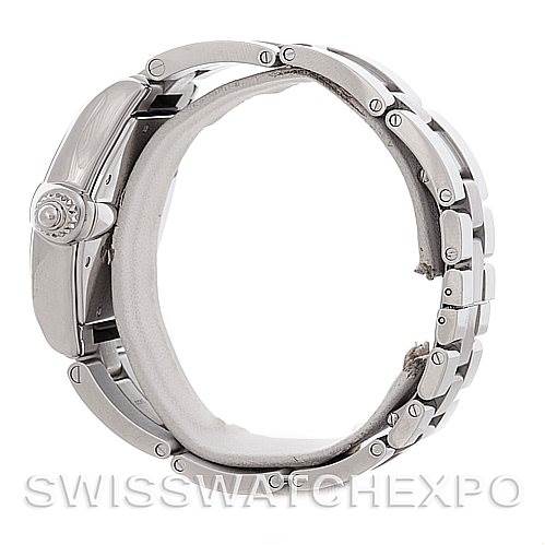 The image shows a Cartier Roadster W62041V3 Men's Stainless Steel Black Dial W62041V3 Men's Stainless Steel Black Dial watch from a side angle, showcasing its crown, case, and bracelet.