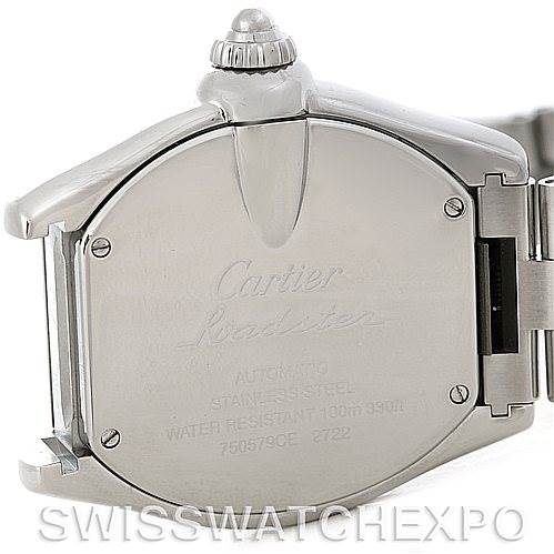 The image shows the back case of a Cartier Roadster W62032X6 Men's Stainless Steel Silver Dial W62032X6 Men's Stainless Steel Silver Dial watch, highlighting its stainless steel closure and engraving.