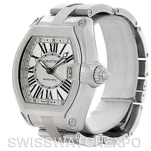 The image shows a side angle view of a Cartier Roadster W62032X6 Men's Stainless Steel Silver Dial W62032X6 Men's Stainless Steel Silver Dial watch, highlighting the case, dial, crown, and part of the bracelet.