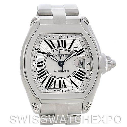 The image shows a frontal view of the Cartier Roadster W62032X6 Men's Stainless Steel Silver Dial W62032X6 Men's Stainless Steel Silver Dial watch, highlighting its dial, case, bracelet, and crown.