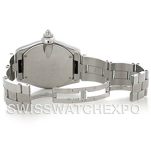 The image shows the back case and open bracelet of a Cartier Roadster W62032X6 Men's Stainless Steel Silver Dial W62032X6 Men's Stainless Steel Silver Dial watch, highlighting the clasp and links.