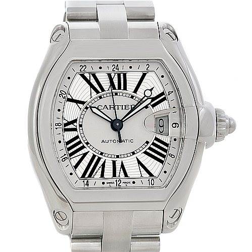 This image shows a front view of the Cartier Roadster W62032X6 Men's Stainless Steel Silver Dial W62032X6 Men's Stainless Steel Silver Dial model watch, highlighting its dial, case, bracelet, and crown with a date display.