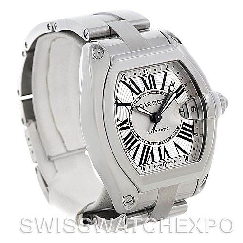 The image shows a Cartier Roadster W62032X6 Men's Stainless Steel Silver Dial W62032X6 Men's Stainless Steel Silver Dial watch from a three-quarter angle, highlighting the dial, case, and bracelet.