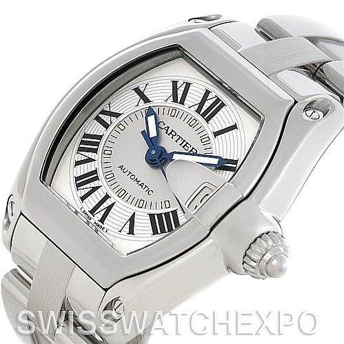 This image shows a close-up angled view of the Cartier Roadster W62025V3 Men's Stainless Steel Silver Dial W62025V3 Men's Stainless Steel Silver Dial watch, highlighting the dial, case, crown, and part of the bracelet.