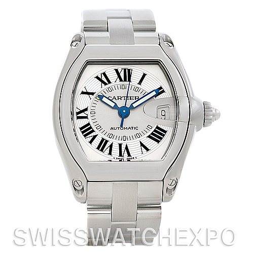 The image shows a front view of a Cartier Roadster W62025V3 Men's Stainless Steel Silver Dial W62025V3 Men's Stainless Steel Silver Dial watch, highlighting its dial, crown, and metal bracelet.