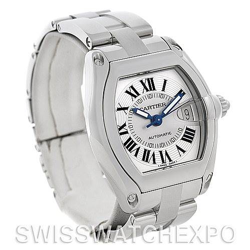 The image shows a front and partial side view of the Cartier Roadster W62025V3 Men's Stainless Steel Silver Dial W62025V3 Men's Stainless Steel Silver Dial watch featuring a metal bracelet and a white dial with Roman numerals.