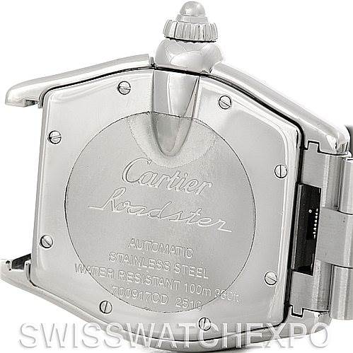 The image shows the back case of a Cartier Roadster W62025V3 Men's Stainless Steel Silver Dial W62025V3 Men's Stainless Steel Silver Dial watch, highlighting its stainless steel material and water resistance details.