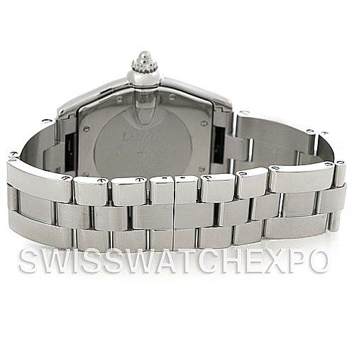 This image shows the back view of a Cartier Roadster W62025V3 Men's Stainless Steel Silver Dial W62025V3 Men's Stainless Steel Silver Dial watch, including the case back and metal bracelet.