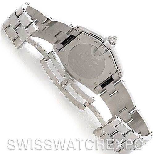The image shows the backside and bracelet of the Cartier Roadster W62025V3 Men's Stainless Steel Silver Dial W62025V3 Men's Stainless Steel Silver Dial model watch from an angled top-down view.