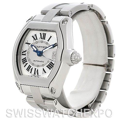 This image shows an angled view of a Cartier Roadster W62025V3 Men's Stainless Steel Silver Dial W62025V3 Men's Stainless Steel Silver Dial watch, highlighting its case, dial, crown, and bracelet.