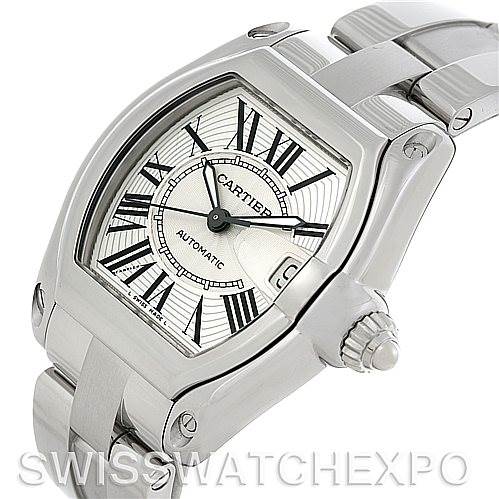 The image shows a Cartier Roadster W62025V3 Men's Stainless Steel Silver Dial W62025V3 Men's Stainless Steel Silver Dial watch from a three-quarter angle, highlighting the dial, crown, and part of the bracelet.