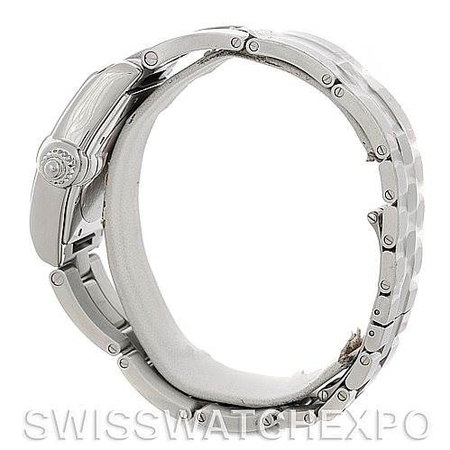 This image shows a side view of the Cartier Roadster W62025V3 Men's Stainless Steel Silver Dial W62025V3 Men's Stainless Steel Silver Dial watch, highlighting its crown and bracelet links.