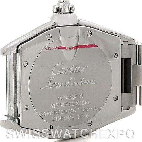 This image shows the back case of a Cartier Roadster W62025V3 Men's Stainless Steel Silver Dial W62025V3 Men's Stainless Steel Silver Dial watch, with an emphasis on its engravings and stainless steel build.
