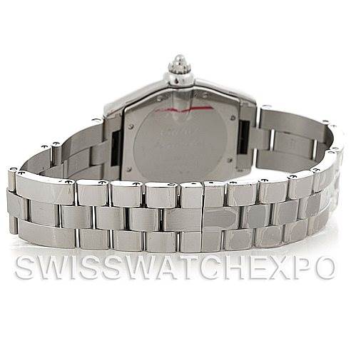 The image shows the back and bracelet of a Cartier Roadster W62025V3 Men's Stainless Steel Silver Dial W62025V3 Men's Stainless Steel Silver Dial watch from an angled rear view.