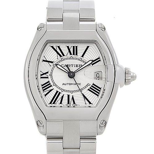 The image shows a front view of the Cartier Roadster W62025V3 Men's Stainless Steel Silver Dial W62025V3 Men's Stainless Steel Silver Dial watch, highlighting its dial, bezel, and bracelet.