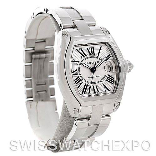 This image showcases a Cartier Roadster W62025V3 Men's Stainless Steel Silver Dial W62025V3 Men's Stainless Steel Silver Dial watch from a three-quarter view, highlighting its face, bezel, and stainless steel bracelet.