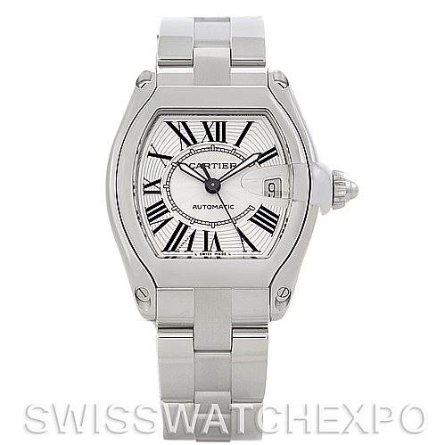 The image shows a front view of a Cartier Roadster W62025V3 Men's Stainless Steel Silver Dial W62025V3 Men's Stainless Steel Silver Dial watch, highlighting the face, bezel, and bracelet.