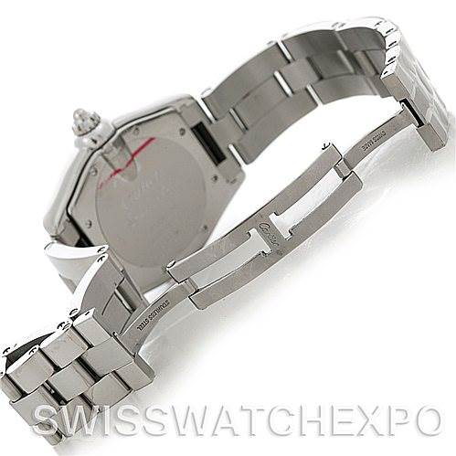 This image shows the back and clasp of a Cartier Roadster W62025V3 Men's Stainless Steel Silver Dial W62025V3 Men's Stainless Steel Silver Dial watch, highlighting the stainless steel bracelet and deployment buckle.