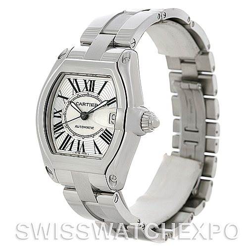 This Cartier Roadster W62025V3 Men's Stainless Steel Silver Dial W62025V3 Men's Stainless Steel Silver Dial watch is shown from a three-quarter angle, highlighting the face, bezel, and bracelet.
