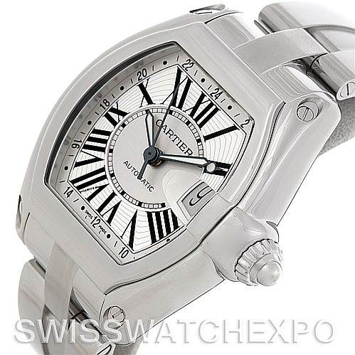 This image shows a close-up, front-facing view of a Cartier Roadster W62032X6 Men's Stainless Steel Silver Dial W62032X6 Men's Stainless Steel Silver Dial watch, highlighting the dial, bezel, and part of the bracelet.