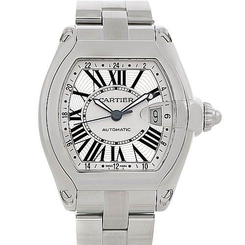 The image shows a front view of a Cartier Roadster W62032X6 Men's Stainless Steel Silver Dial W62032X6 Men's Stainless Steel Silver Dial watch, highlighting its dial, bezel, and bracelet.