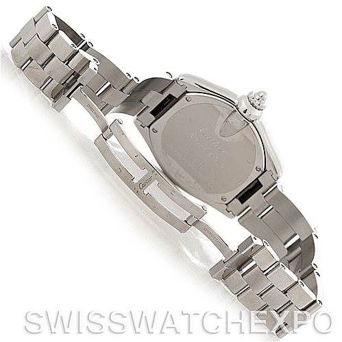 The image shows the back of a Cartier Roadster W62032X6 Men's Stainless Steel Silver Dial W62032X6 Men's Stainless Steel Silver Dial watch, featuring the case back and part of the stainless steel bracelet.