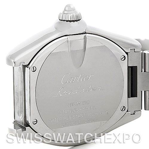 The image shows the back case and part of the bracelet of the Cartier Roadster W62032X6 Men's Stainless Steel Silver Dial W62032X6 Men's Stainless Steel Silver Dial watch, highlighting its details and engravings.