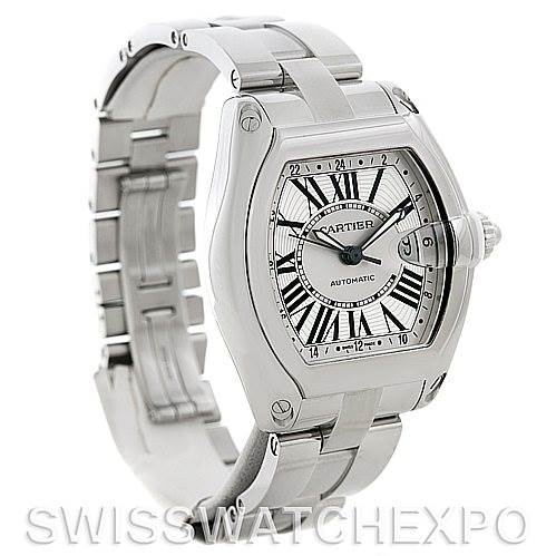The image shows a Cartier Roadster W62032X6 Men's Stainless Steel Silver Dial W62032X6 Men's Stainless Steel Silver Dial watch angled to display its face, side, and part of the metal bracelet.