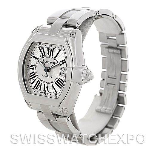 This image shows a Cartier Roadster W62032X6 Men's Stainless Steel Silver Dial W62032X6 Men's Stainless Steel Silver Dial model watch at a three-quarter angle, highlighting its face, bezel, crown, and metal bracelet.