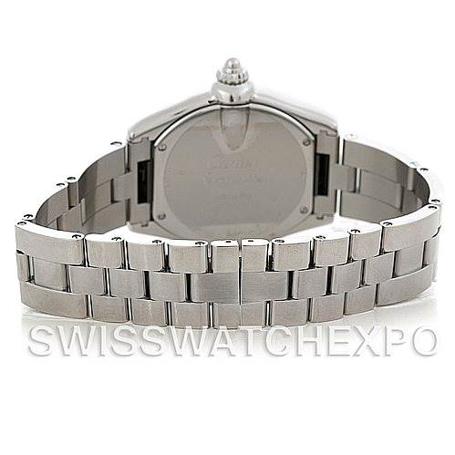 This image shows the back view of the Cartier Roadster W62032X6 Men's Stainless Steel Silver Dial W62032X6 Men's Stainless Steel Silver Dial watch, highlighting its stainless steel bracelet and closed case back.