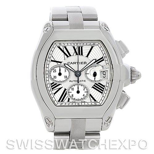 The image shows the Cartier Roadster W62019X6 Men's Stainless Steel Silver Dial W62019X6 Men's Stainless Steel Silver Dial model watch from a frontal angle, highlighting the face, bracelet, and crown details.