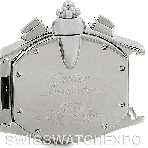 This image shows the back case and crown of a Cartier Roadster W62019X6 Men's Stainless Steel Silver Dial W62019X6 Men's Stainless Steel Silver Dial watch, including engraved text and button details.