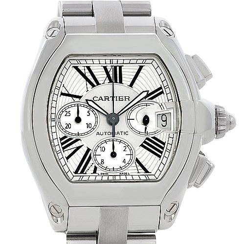 This image shows a front view of a Cartier Roadster W62019X6 Men's Stainless Steel Silver Dial W62019X6 Men's Stainless Steel Silver Dial watch, highlighting the dial, Roman numerals, and metal bracelet.