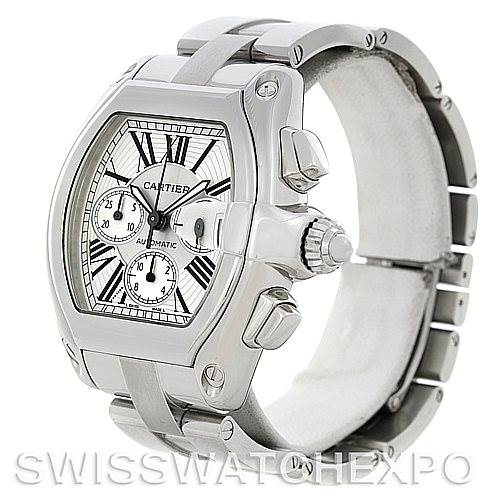 The image shows a Cartier Roadster W62019X6 Men's Stainless Steel Silver Dial W62019X6 Men's Stainless Steel Silver Dial watch at a three-quarter angle, highlighting its face, crown, and bracelet.