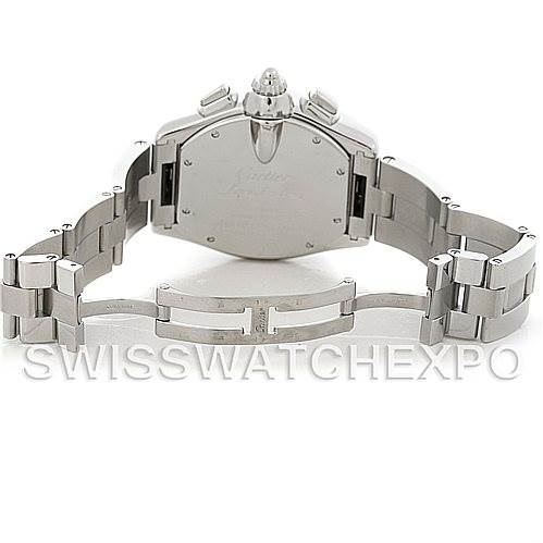 The image shows the back view of a Cartier Roadster W62019X6 Men's Stainless Steel Silver Dial W62019X6 Men's Stainless Steel Silver Dial watch, highlighting its case back and partially open stainless steel bracelet.