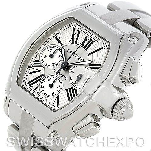 This image shows a close-up angle of a Cartier Roadster W62019X6 Men's Stainless Steel Silver Dial W62019X6 Men's Stainless Steel Silver Dial watch, highlighting its case, crown, chronograph dials, and bracelet.