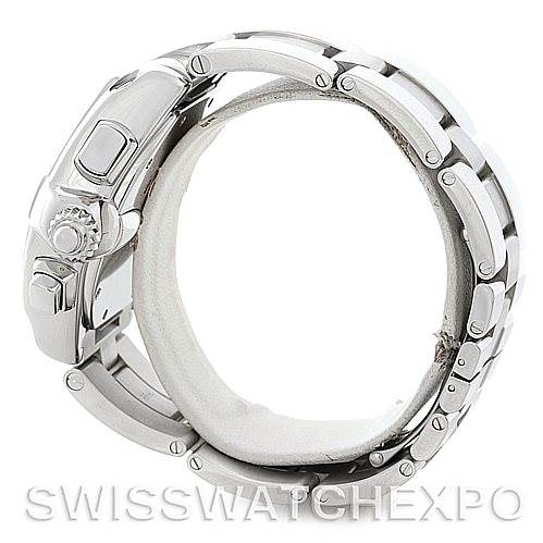 This is a side view of the Cartier Roadster W62019X6 Men's Stainless Steel Silver Dial W62019X6 Men's Stainless Steel Silver Dial watch showcasing its bracelet, crown, and side buttons.