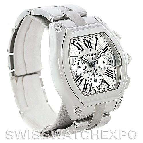 This is a Cartier Roadster W62019X6 Men's Stainless Steel Silver Dial W62019X6 Men's Stainless Steel Silver Dial watch shown from a 3/4 angle, highlighting the face, bezel, and bracelet.