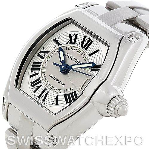 The image shows a Cartier Roadster 2510 210317CE Men's Stainless Steel Silver Dial 2510 210317CE Men's Stainless Steel Silver Dial watch angled to highlight the face, bezel, and part of the bracelet.